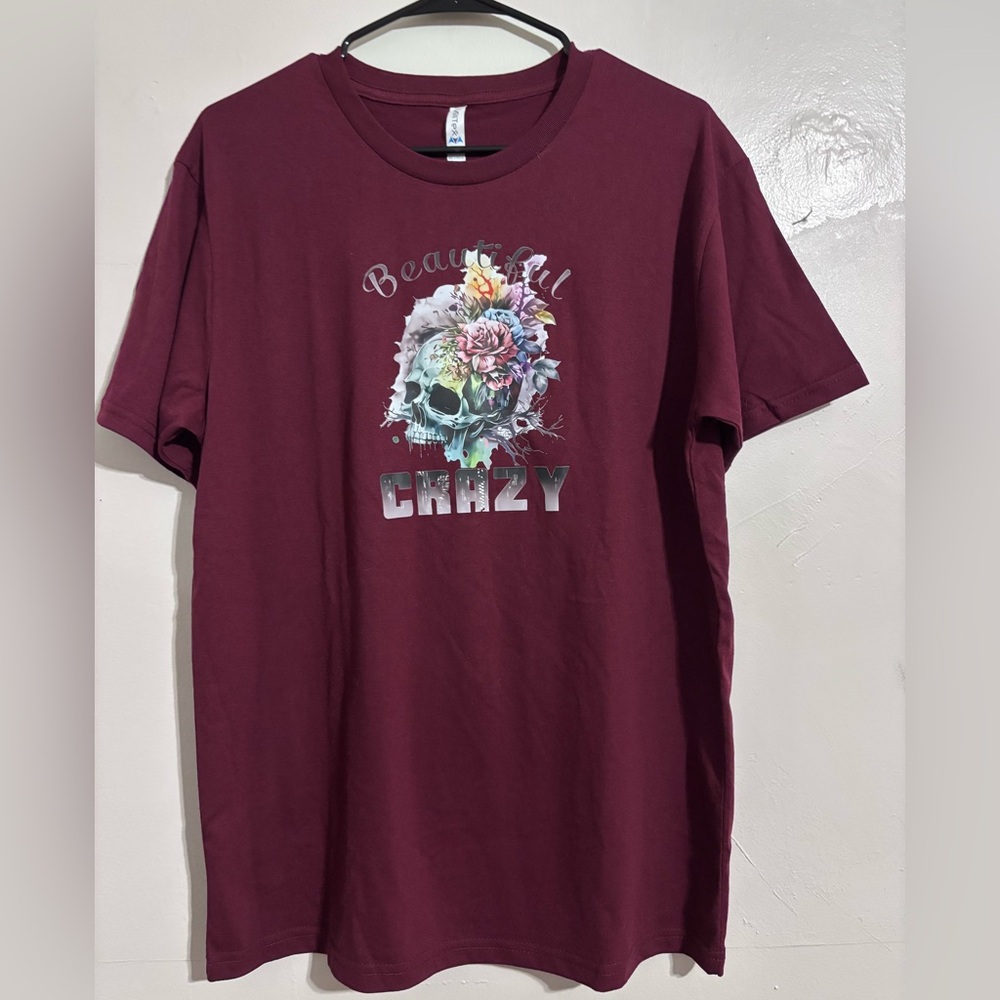 Handmade Beautiful Crazy Floral Skull Graphic Tee Burgundy Maroon Large